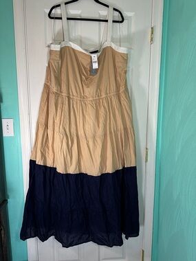Lane Bryant Beige and Navy Tiered Sundress with White Straps